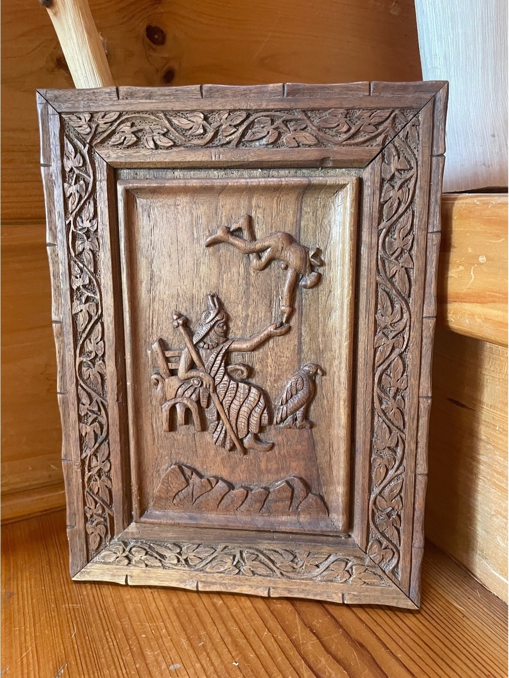 Vintage hand-carved wood relief plaque